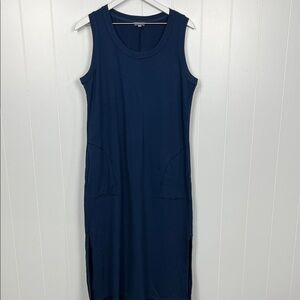 T by Talbots Womens Maxi Dress L Navy Sleeveless Scoop Neck Pockets Slits NWOT